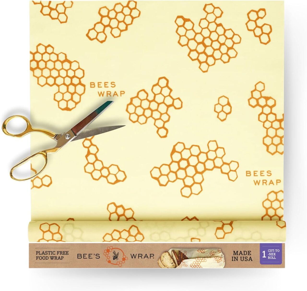 Image of a roll of Bee's Wrap reusable wrap with a pair of scissors.