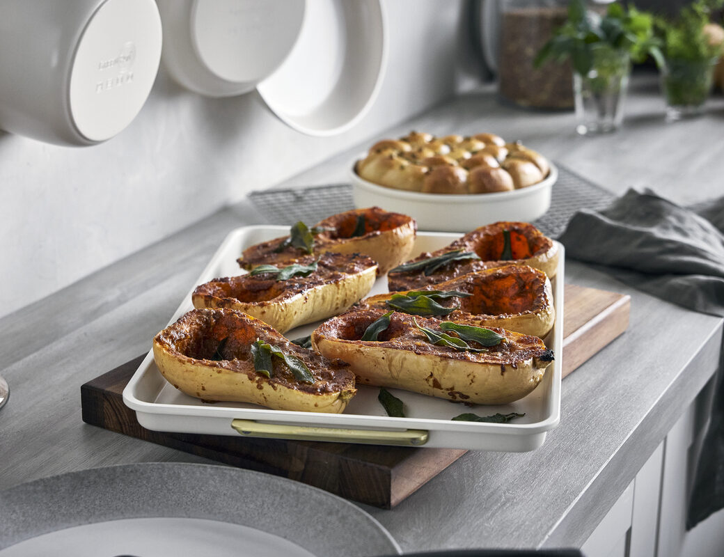 Image of a GreenPan Reserve Pro bakeware sheet pan being used to roast butternut squash.