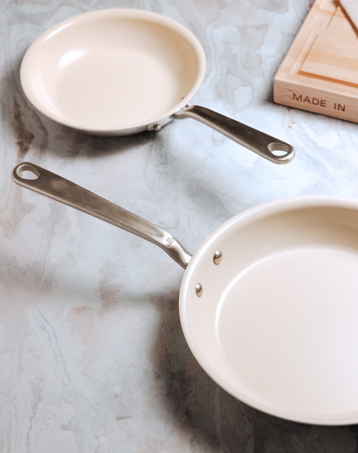 Image of Made In CeramiClad Non Stick frying pans in two different sizes.