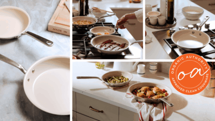 Collage of several Made In CeramiClad cookware pieces with the Organic Authority stamp.