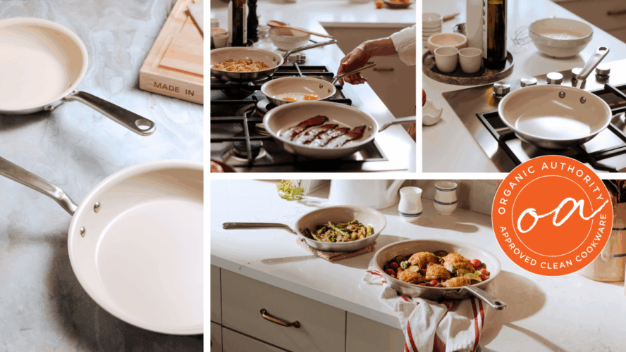 Collage of several Made In CeramiClad cookware pieces with the Organic Authority stamp.