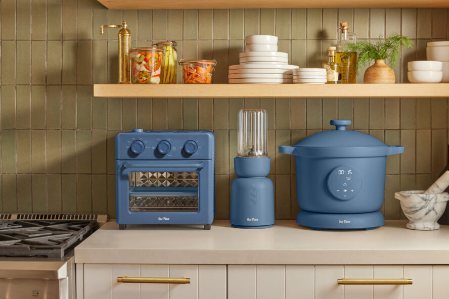Image of three Our Place appliances in the colorway Blue Salt, including the Our Place Splendor Blender.