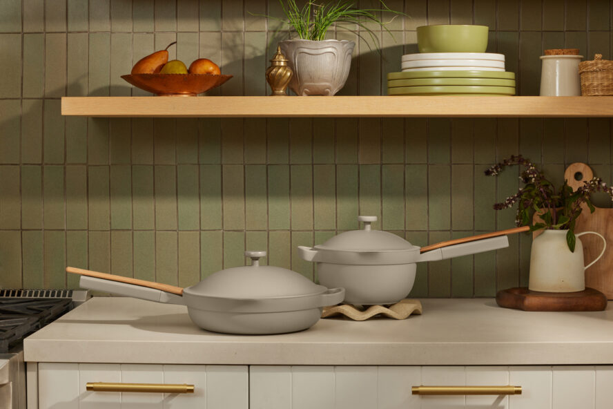 Image of Our Place cookware in steam, with a pot placed neatly on an Our Place Trivet.