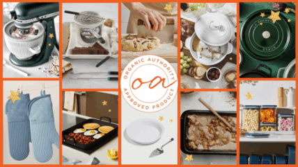 Collage of products featured in the Organic Authority Holiday Baking Gifts Guide, like the Our Place Hot Mitts and a KitchenAid Stand Mixer.