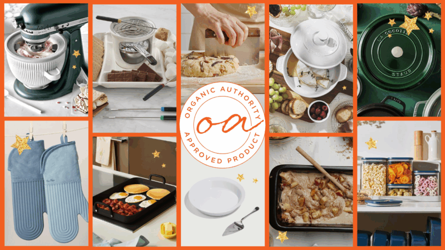Collage of products featured in the Organic Authority Holiday Baking Gifts Guide, like the Our Place Hot Mitts and a KitchenAid Stand Mixer.