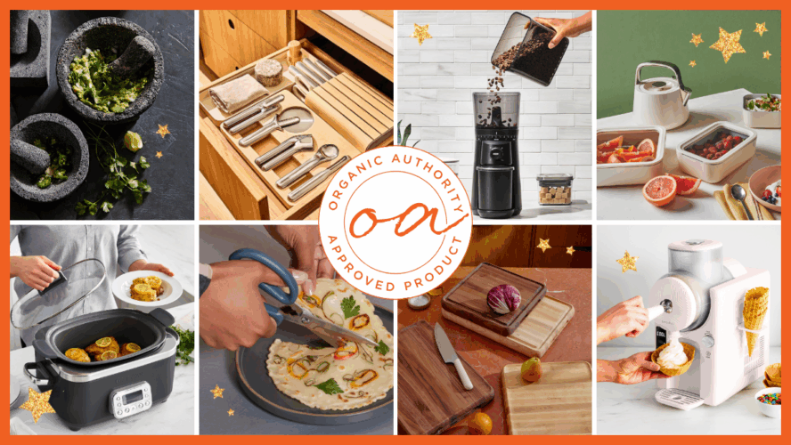 Collage of several products from our Holiday Kitchen Tools gift round-up, with an Organic Authority stamp in the center.
