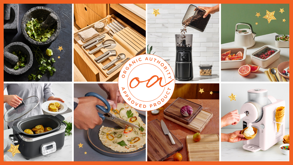 Collage of several products from our Holiday Kitchen Tools gift round-up, with an Organic Authority stamp in the center.