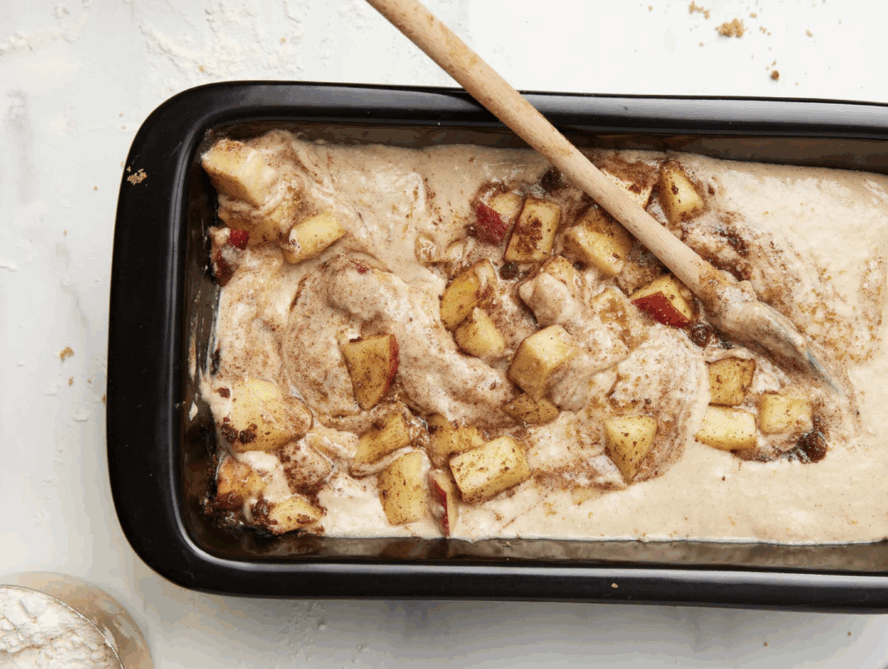 Image of the Xtrema Loaf Pan filled with dough for an apple cinnamon loaf.