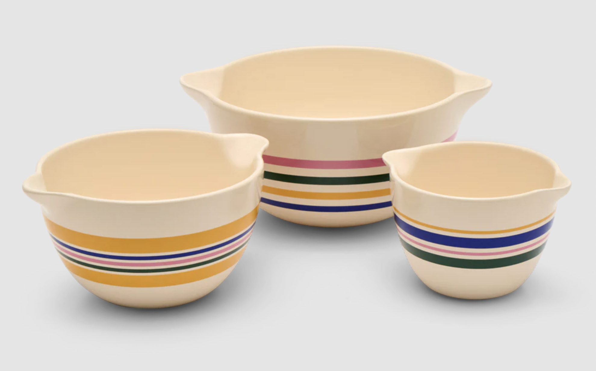 Image of the three Stir Crazy Great Jones bowls with a striped design in various sizes.