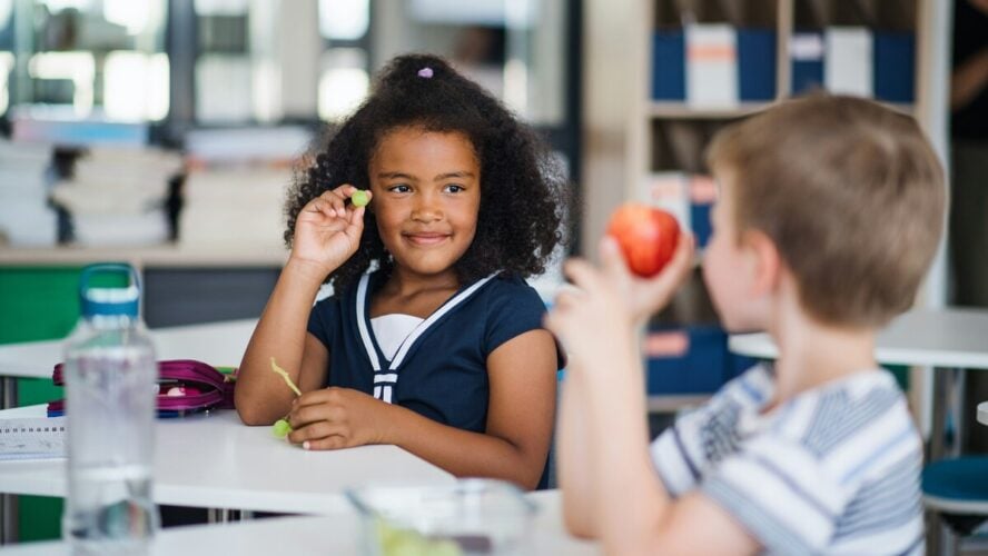 Image of two schoolchildren sitting at schooldesks and comparing snacks — an apple and grapes.