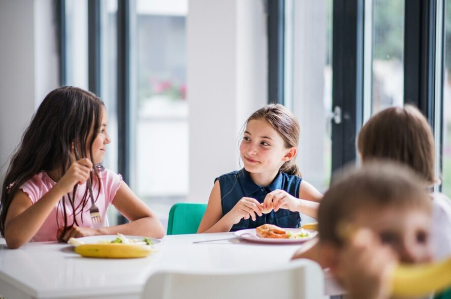 Image of two young girls sitting at a lunch table at school and chatting as they eat their lunch.