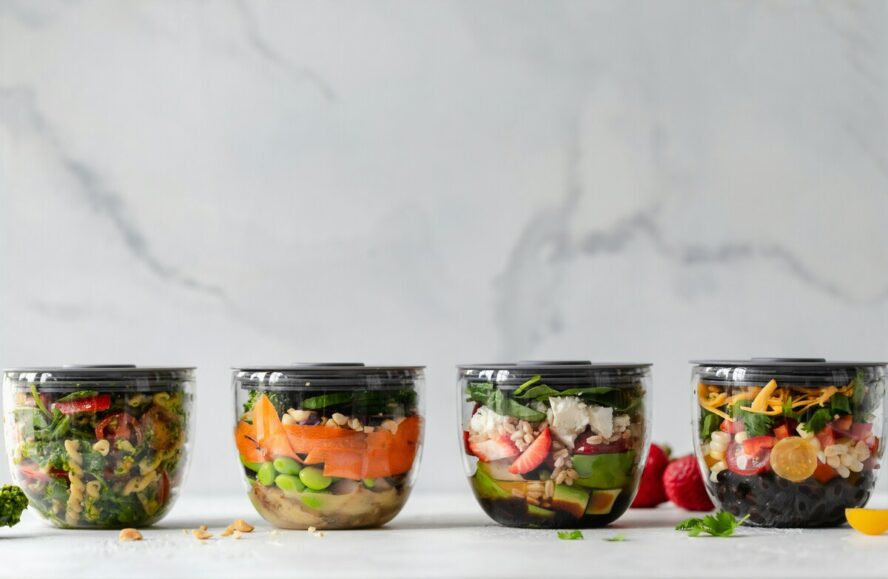 Image of four reusable food containers with healthy grain and vegetable bowls packed as school lunches.