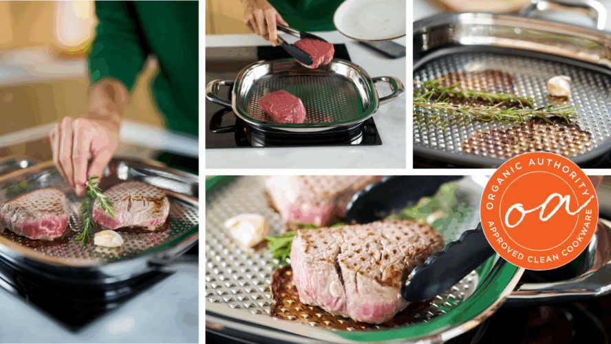 Collage of several images of the AbyAMC Grill Pan with Lid shown in use, with an Organic Authority seal.