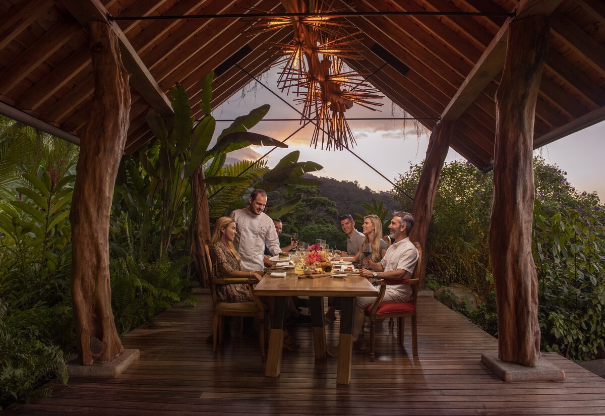 Image of a group sitting at a large dining table overlooking palm trees, with a chef serving them dinner.