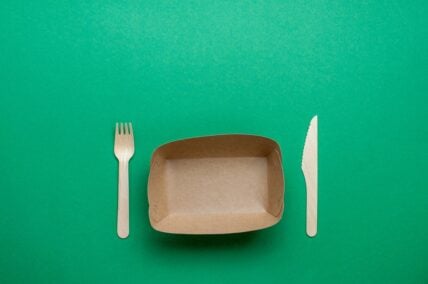 Image of an empty paper takeout plate with a fork and knife on a vibrant green background.