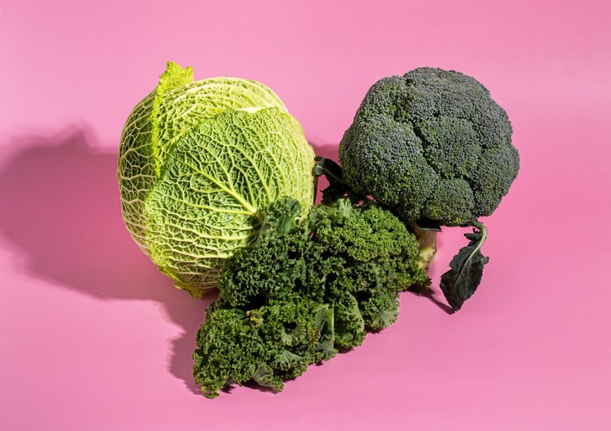 Image of a head of broccoli, some kale, and a large cabbage on a pink background.