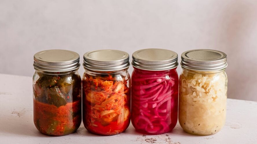 Image of four mason jars lined up in a row and filled with colorful fermented foods like kimchi and sauerkraut.