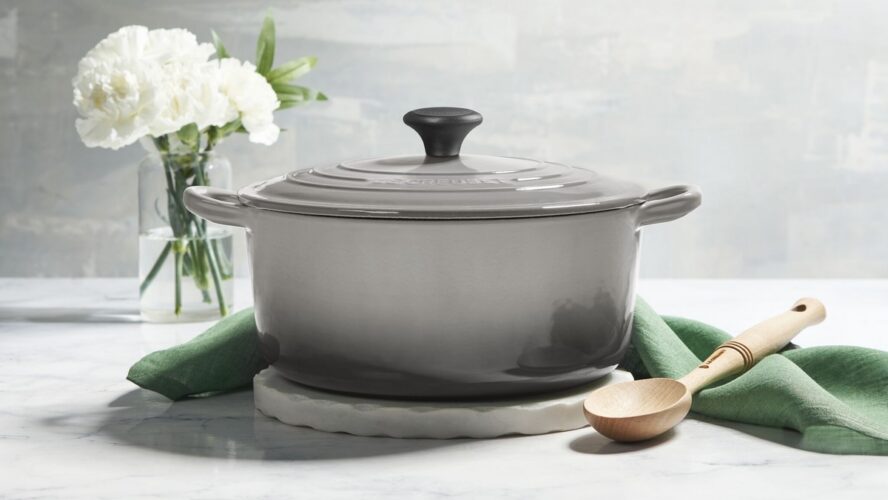 Image of a Le Creuset Dutch oven in a soft grey color.