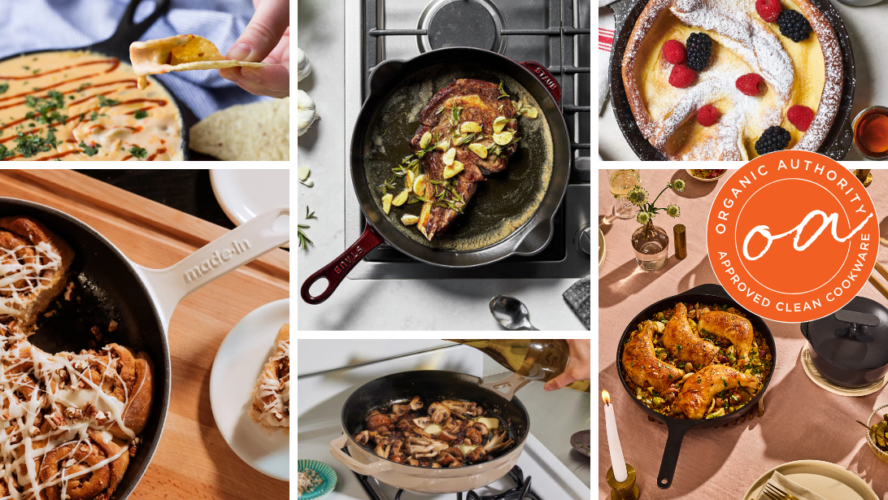 Image of a collage of images of the various cast iron skillets recommended by the Organic Authority team.