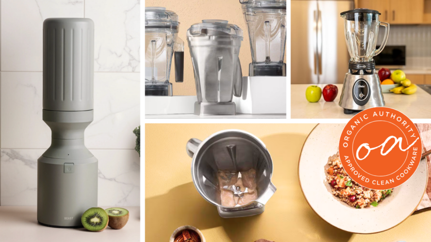 Image of a collage of several plastic-free blenders from Oster, Vitamix, and Beast with the Organic Authority stamp.