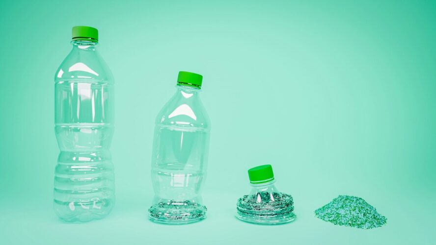 Image of the progression of a plastic water bottle, disintegrating from left to right into a pile of tiny microplastics.