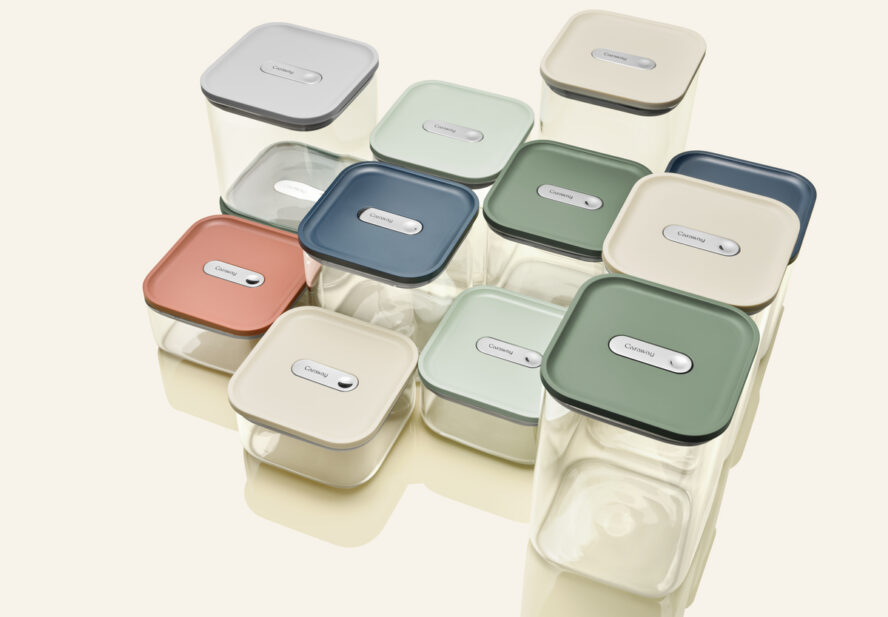 Image of various Caraway Glass Airtight containers in different sizes and colors.