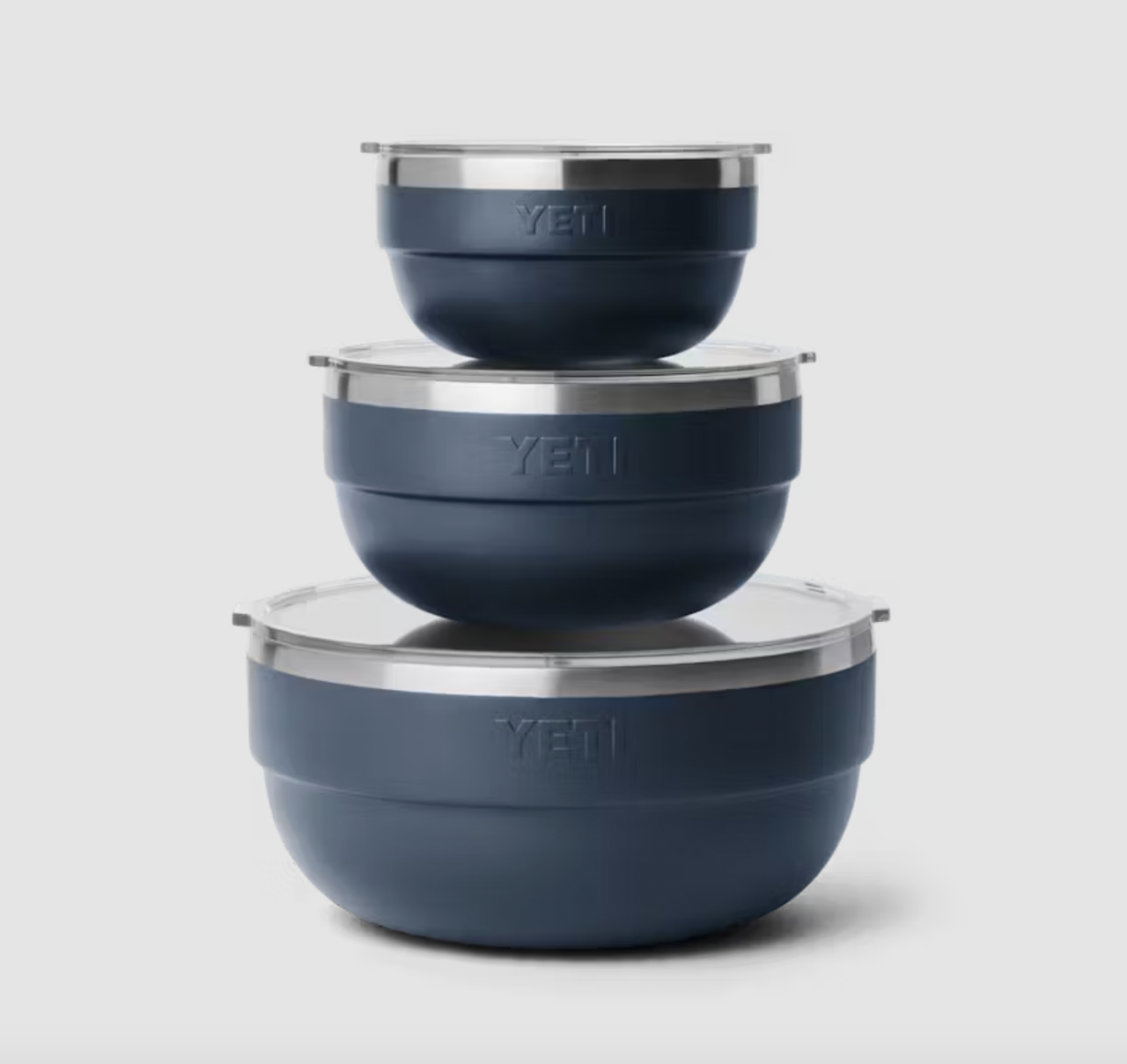 Image of three YETI insulated food bowls in navy stacked on top of one another.