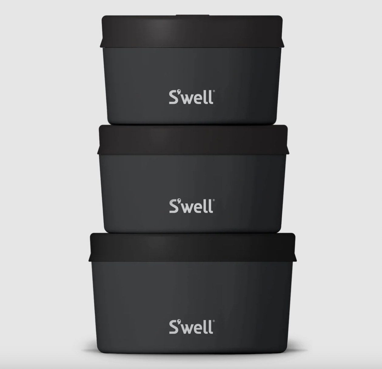 Image of three S'well stainless steel containers in Onyx, stacked one on top of another.