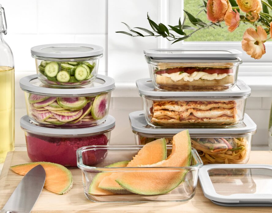Image of the Williams Sonoma Hold Everything glass food storage containers stacked and filled with foods in a