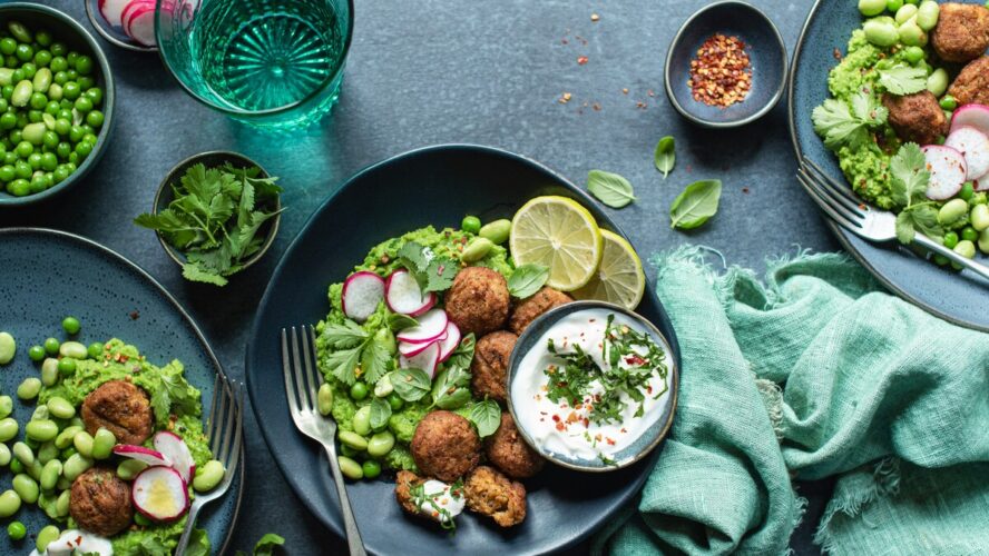 A generous plate of falafel salad with a side of tzatziki in a bowl.