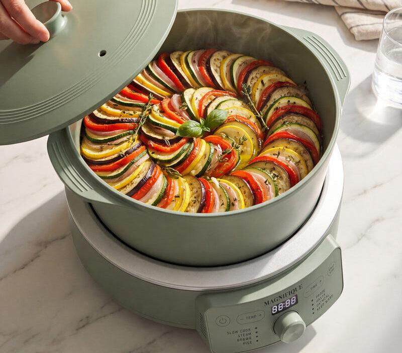 Image of the Magnifique Claypot Slow Cooker in Sage, shown with the lid off revealing a layered ratatouille dish.