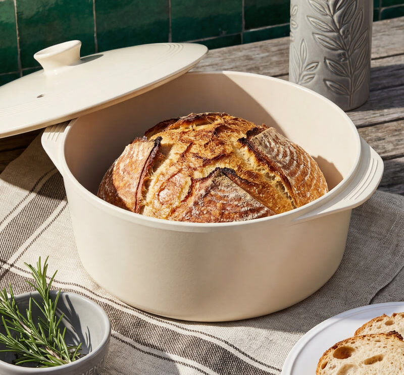 Image of the Magnifique Claypot Slow Cooker in Oatmeal, with a large loaf of sourdough within.