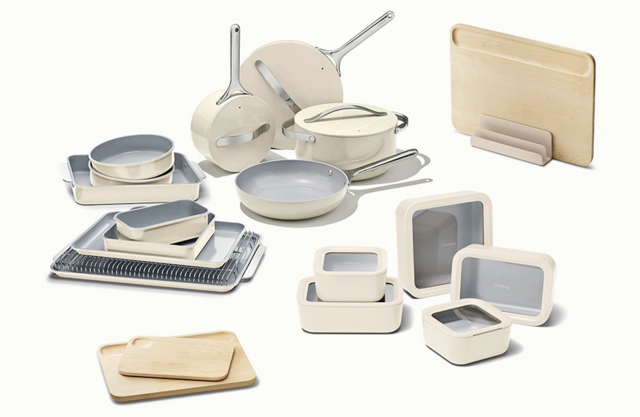 Image of the Caraway Clean Start bundle, including various non-toxic cookware, bakeware, and prep products in Cream.