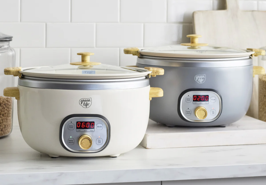 Image of two GreenPan GreenLife Healthy Slow Cookers in two different colors, shown in a white kitchen.