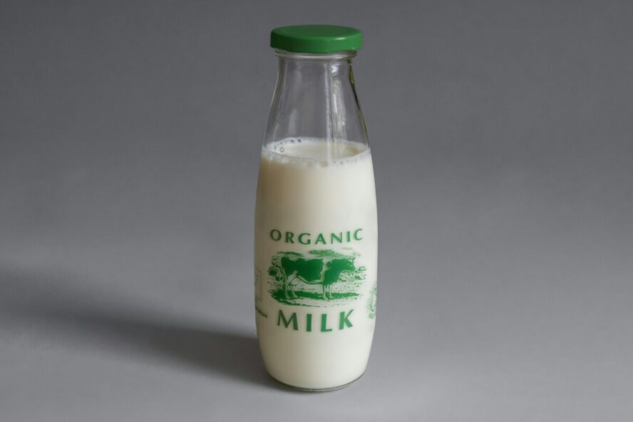 Image of a glass bottle of milk labeled 'Organic'.