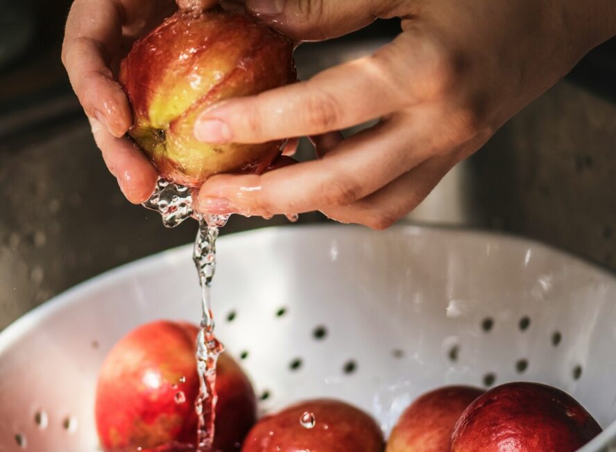 Image of a pair of hands gently scrubbing a nectarine with running water over a colander in the sink.