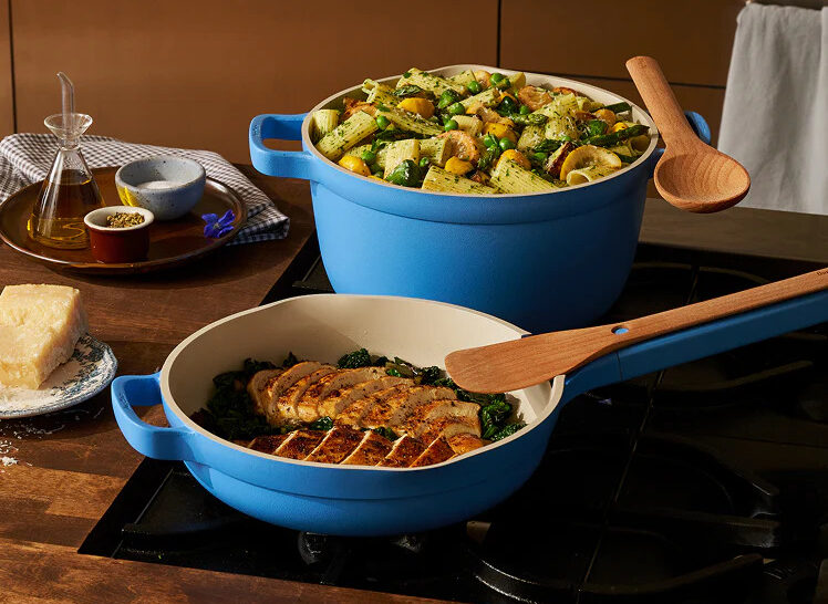 Image of the Our Place Always Pan and Perfect Pot in limited edition colorway, Forget-Me-Not Blue.