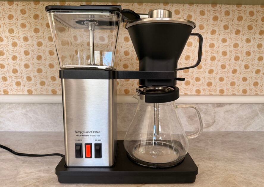 Image of a SimplyGoodCoffee The Brewer coffee maker on a marble countertop.