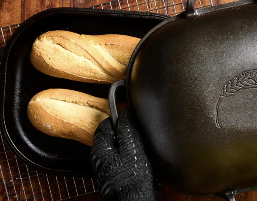Image of the Challenger Bread Pan shown with two small baguettes.