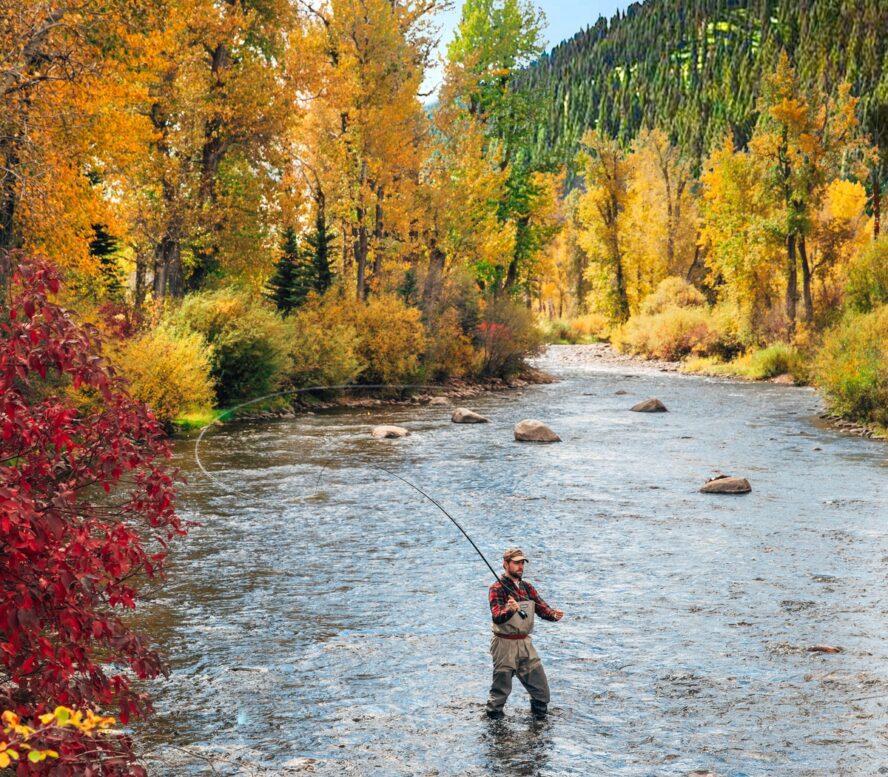 Image of a man standing knee-deep in a river, wearing plaid and fly fishing.