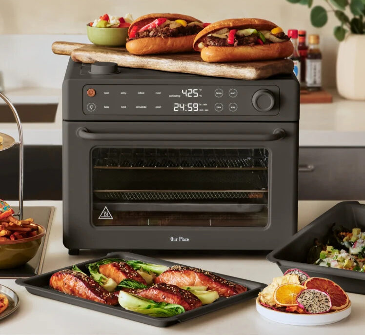 Image of a Wonder Oven Pro in the color Char, shown with a tray of salmon fillets in front of it.