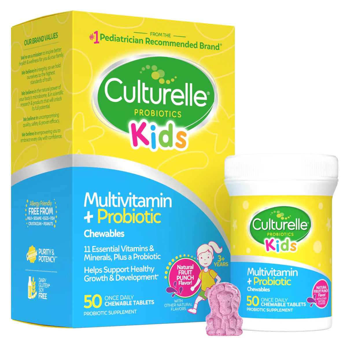 Image of a bottle of Culturelle Kids vitamins next to the box.