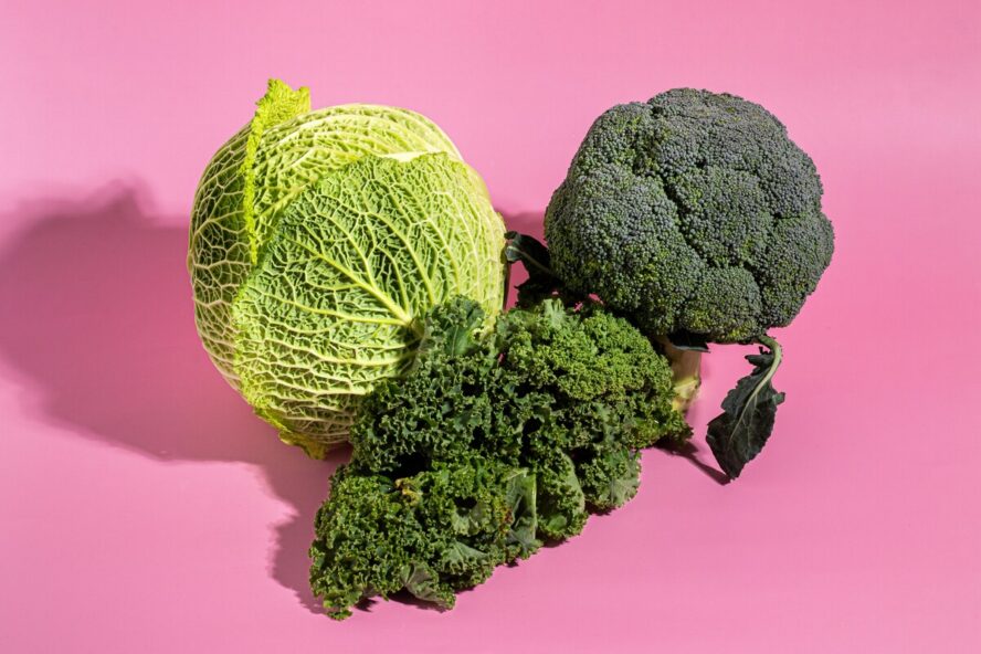 Image of a head of cabbage, broccoli, and a bunch of kale, shown against a pink background.