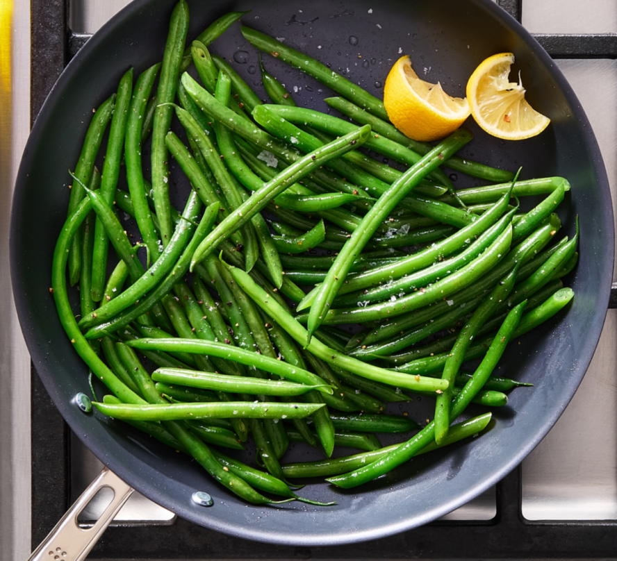 Image of a Misen Carbon Nonstick 10'' frying pan filled with green beans.