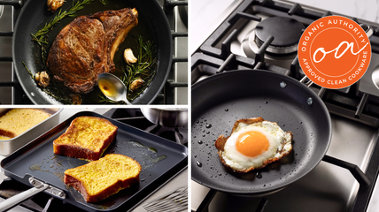 Collage of three images of Misen Carbon Nonstick pieces (the 8'' and 10'' frying pans and the square griddle).