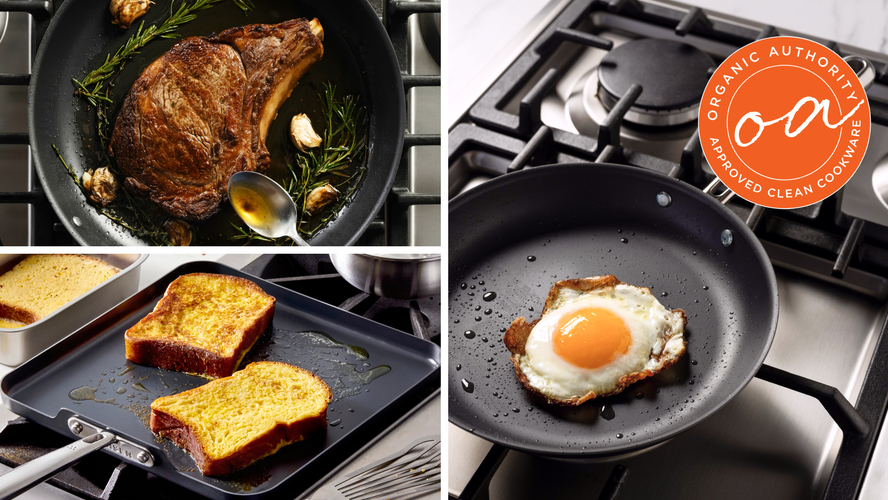 Collage of three images of Misen Carbon Nonstick pieces (the 8'' and 10'' frying pans and the square griddle).