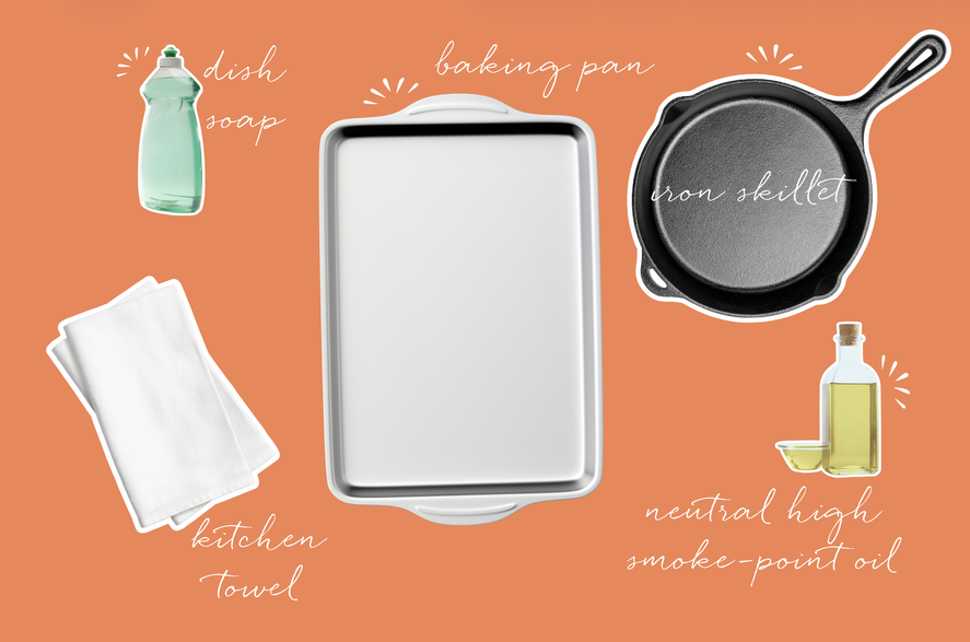 flatlay of everything you'll need to season a cast iron skillet, dish soap, tea towels, oil, and a baking sheet