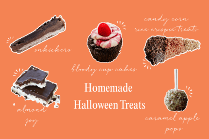 flatlay of homemade halloween desserts and treats with an orange background